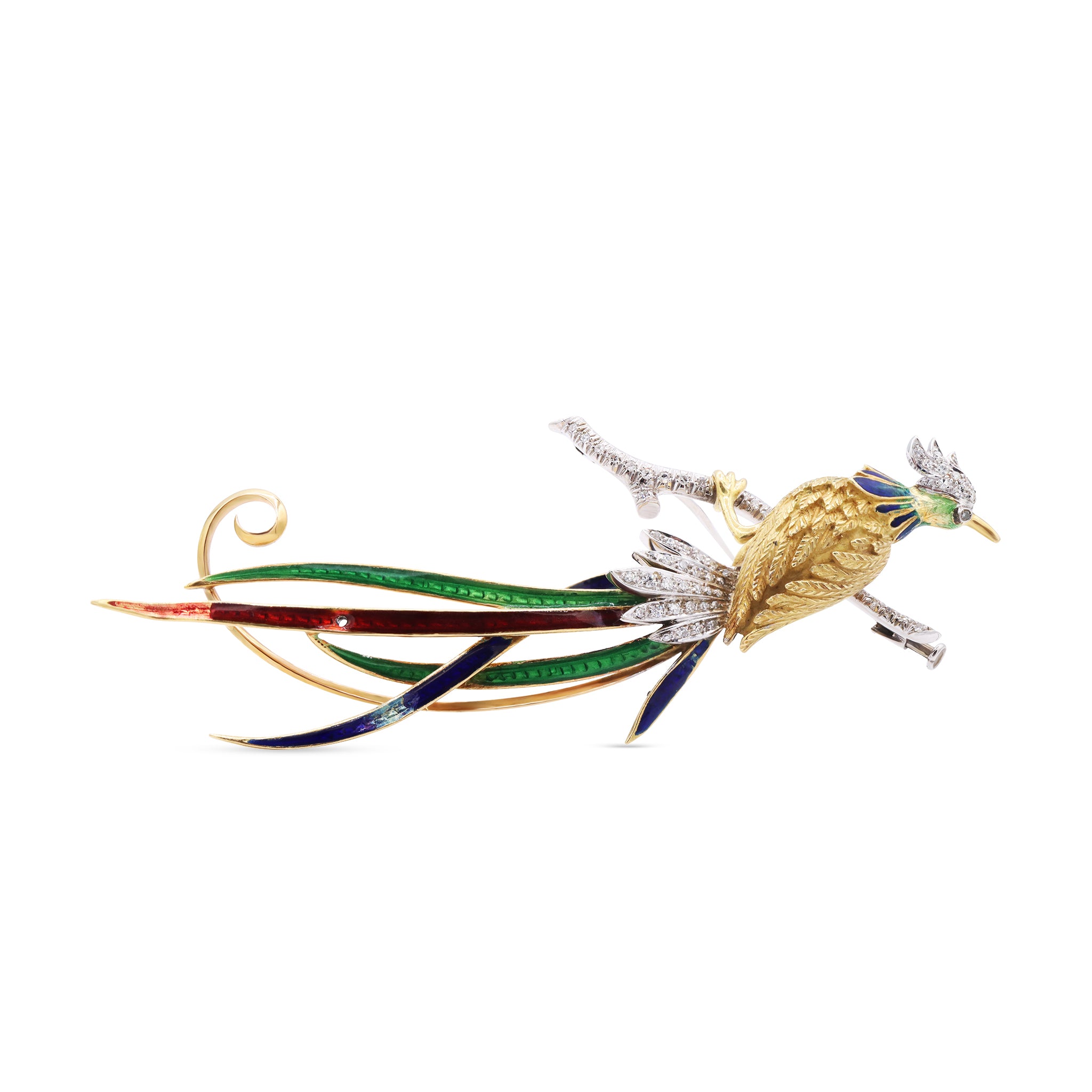 Multicolor Enamel and Diamond Bird Brooch in Yellow and White Gold
