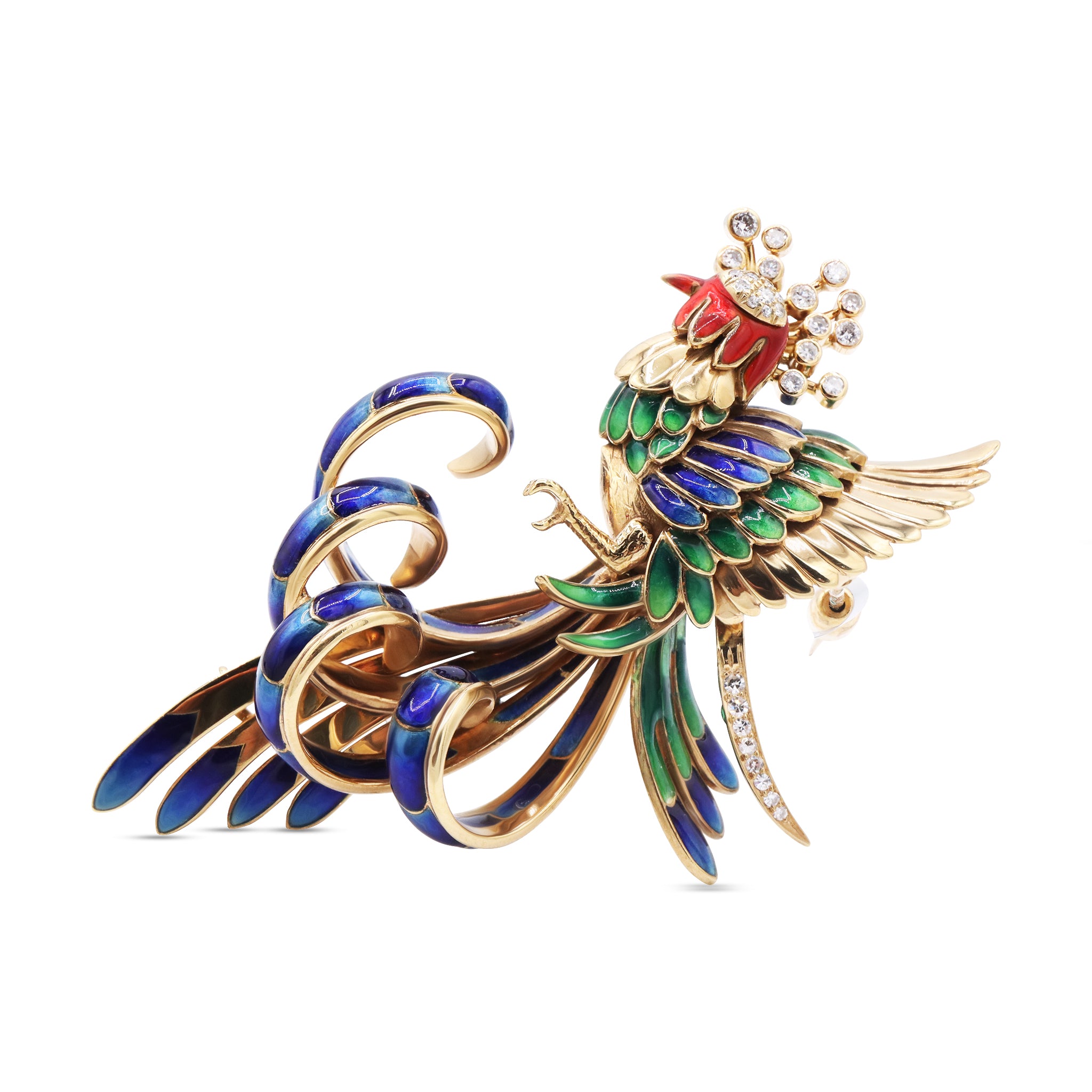 Colorful Enamel Bird Brooch with Diamond Accents in Yellow Gold