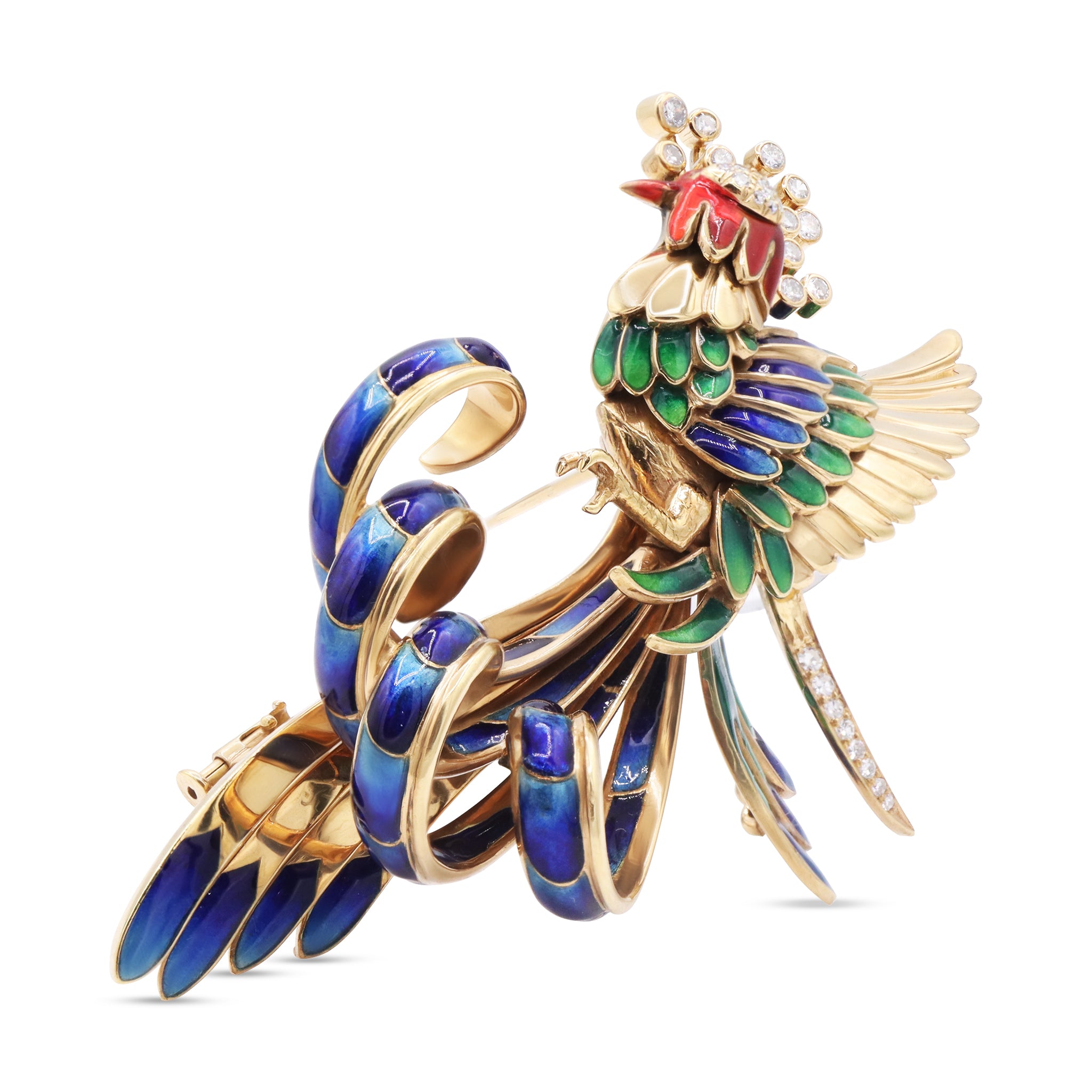 Colorful Enamel Bird Brooch with Diamond Accents in Yellow Gold