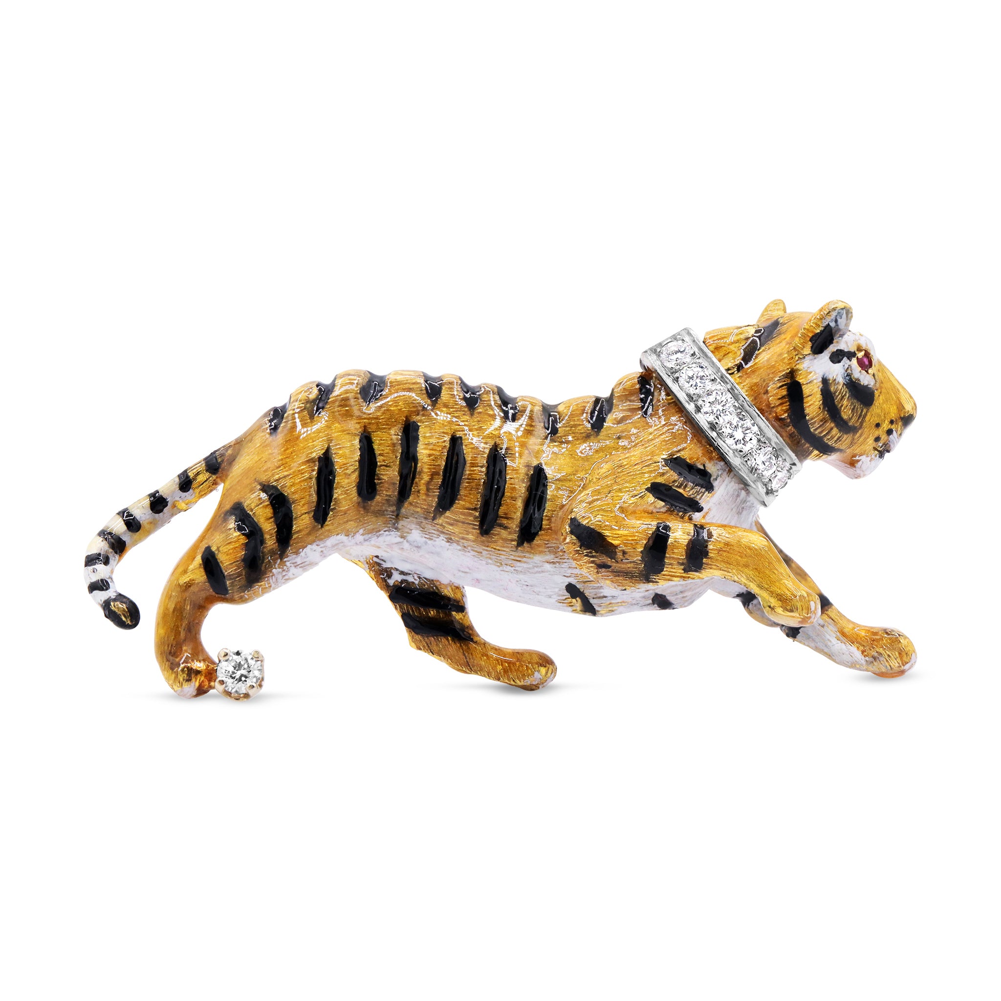 Enamel Tiger Brooch with Diamond Collar