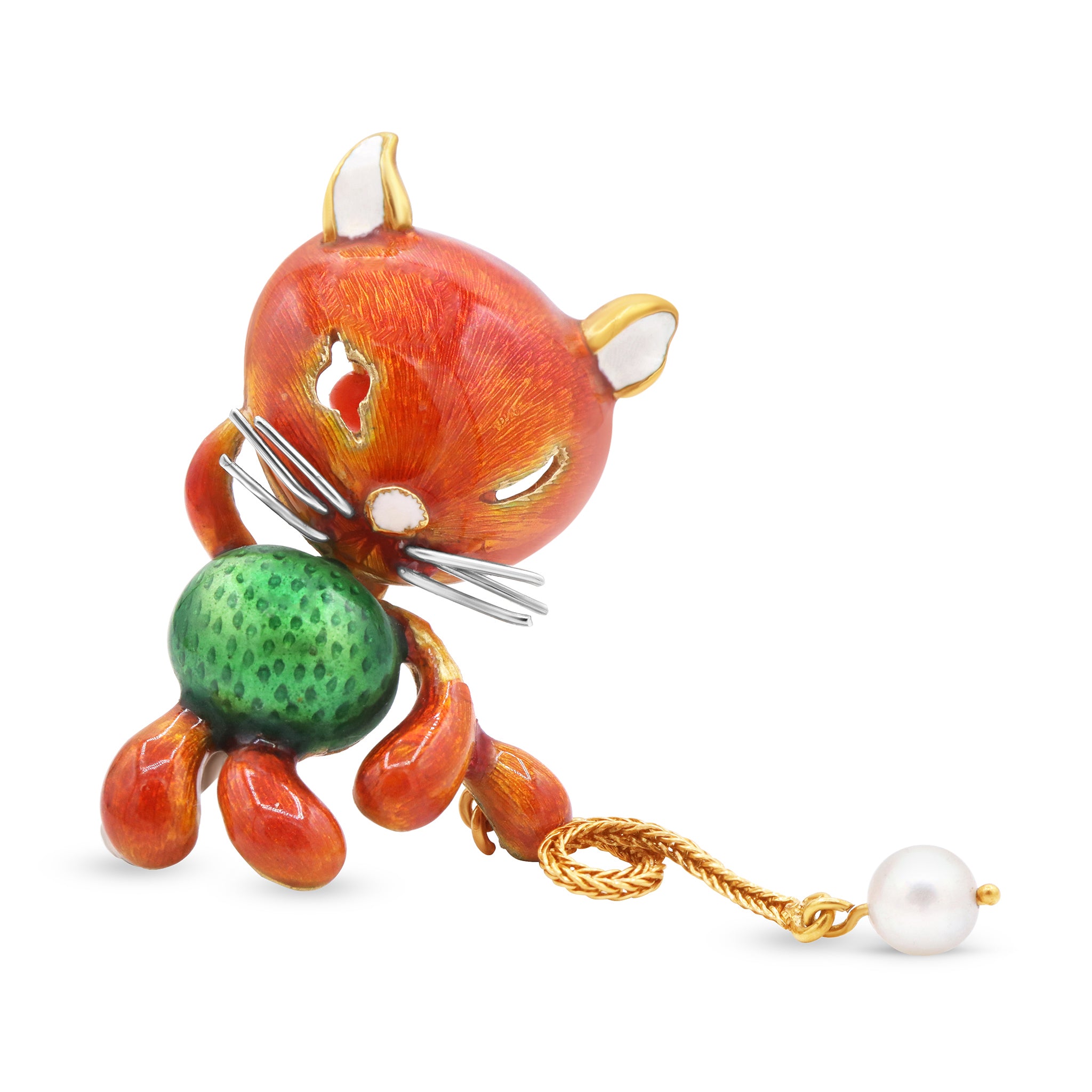 Whimsical Enamel Cat Brooch with Pearl Tail
