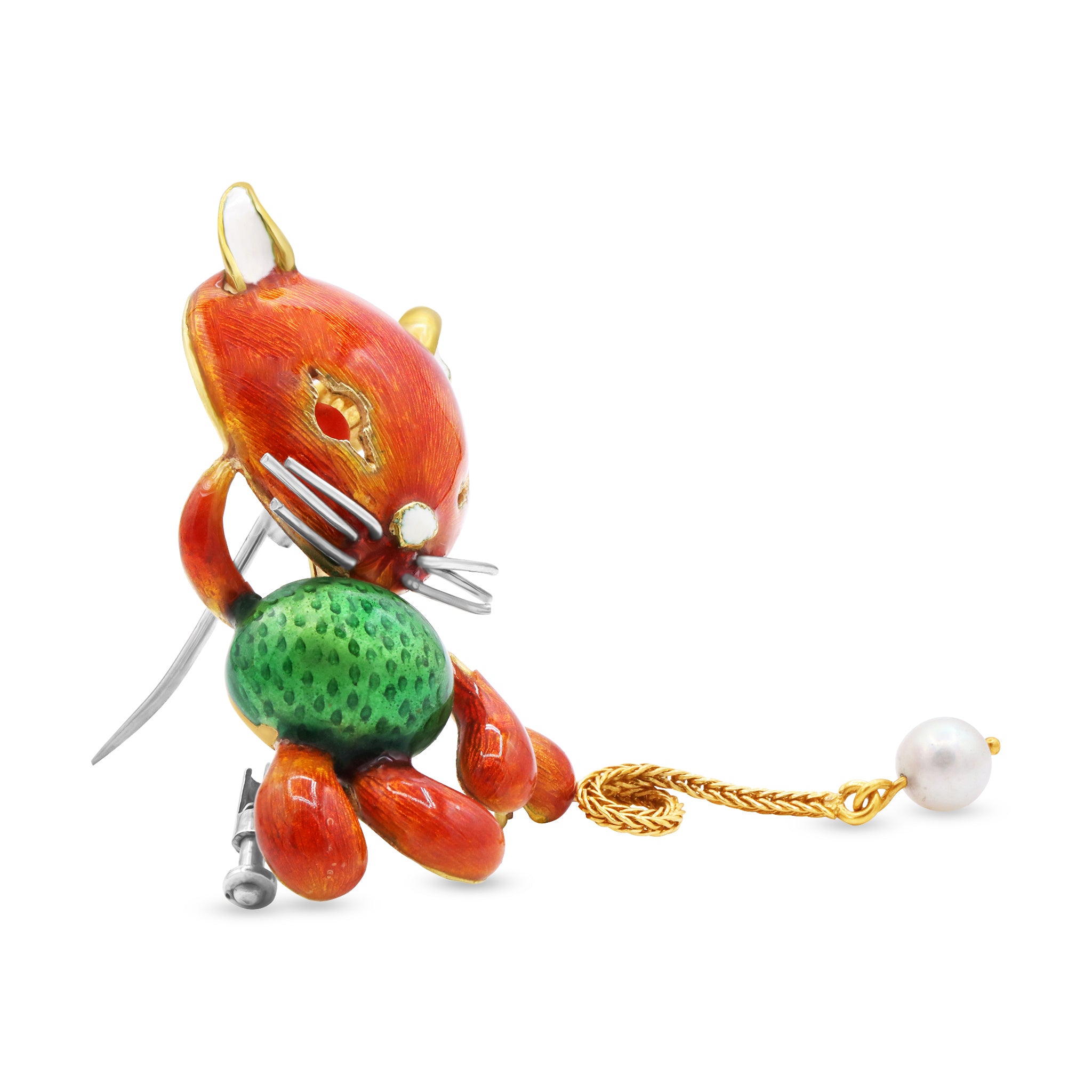 Whimsical Enamel Cat Brooch with Pearl Tail