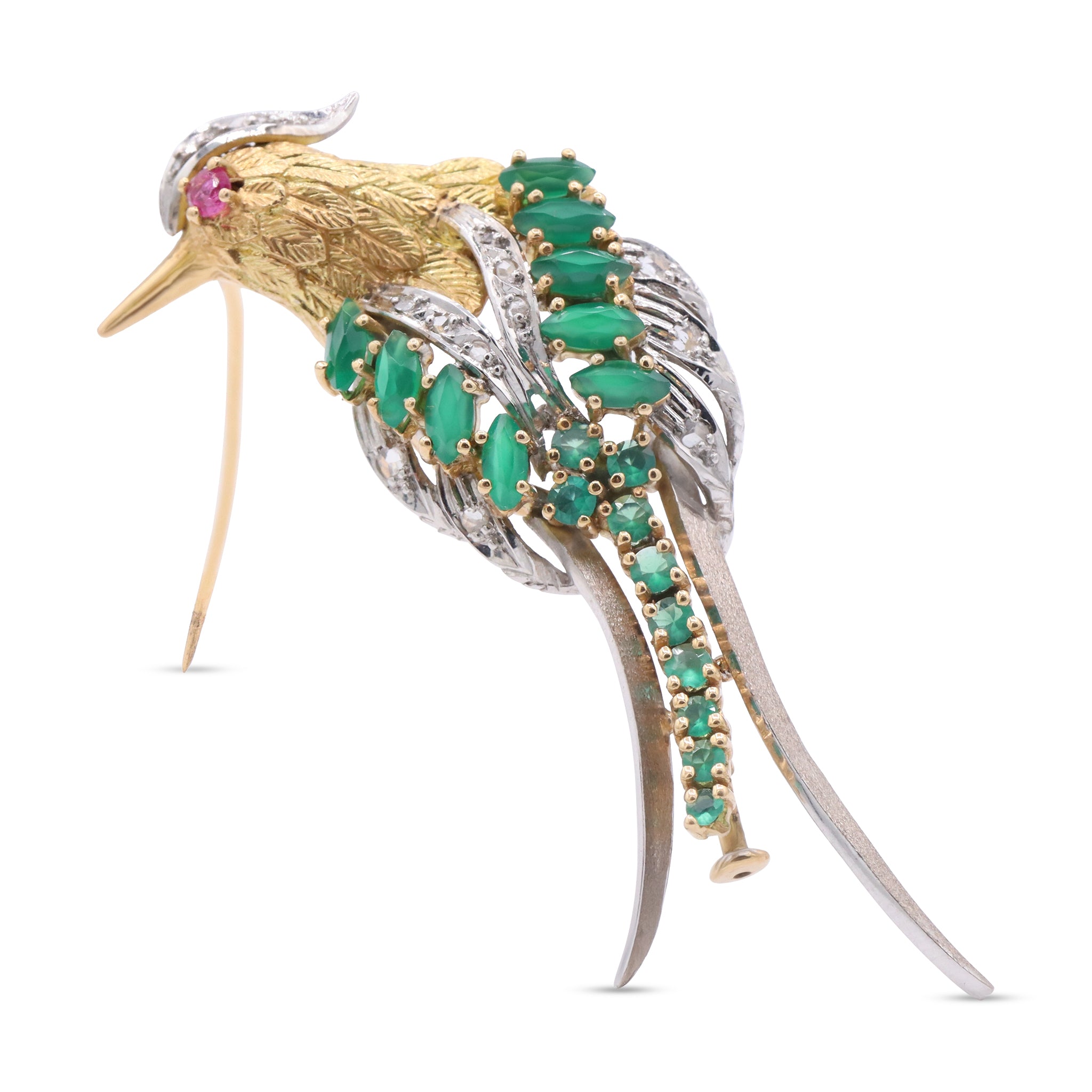 Emerald and Diamond Bird Brooch in Two-Tone Gold