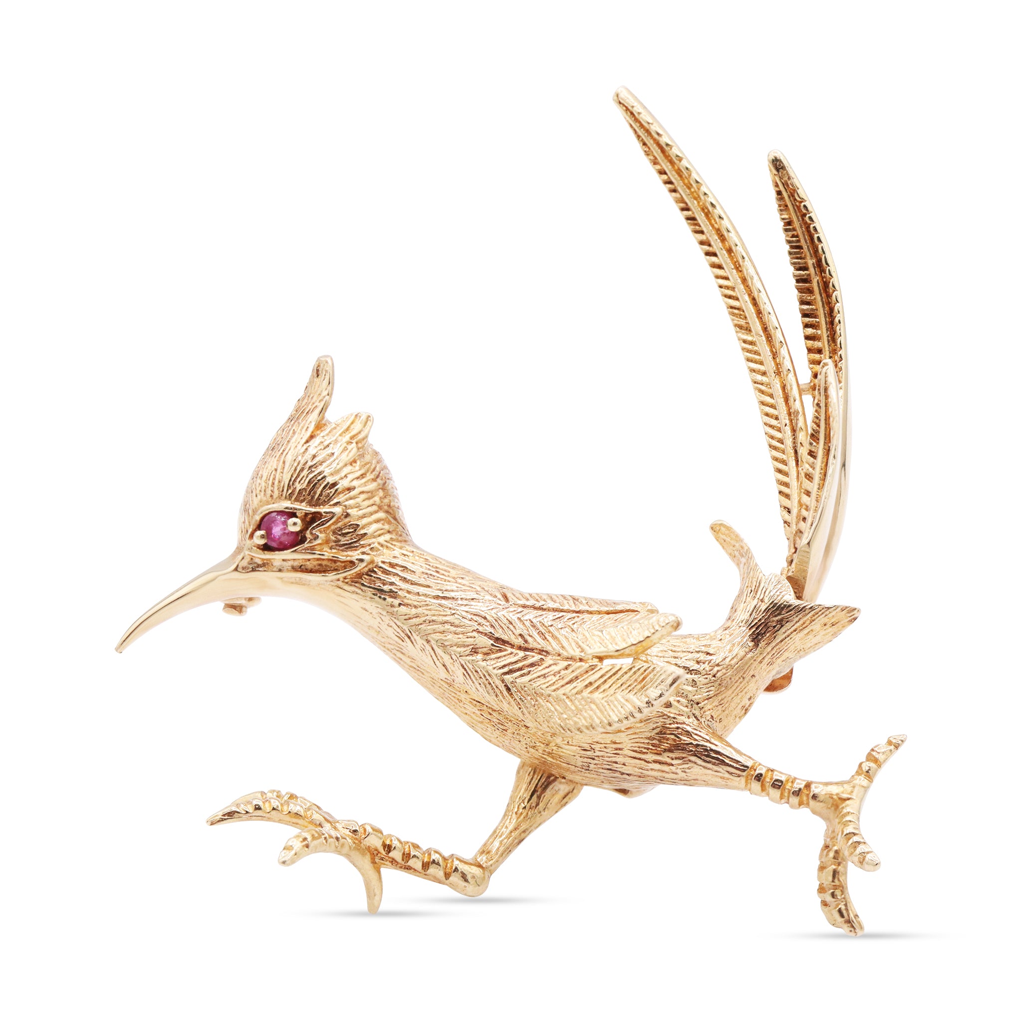 Gold Roadrunner Brooch with Ruby Eye