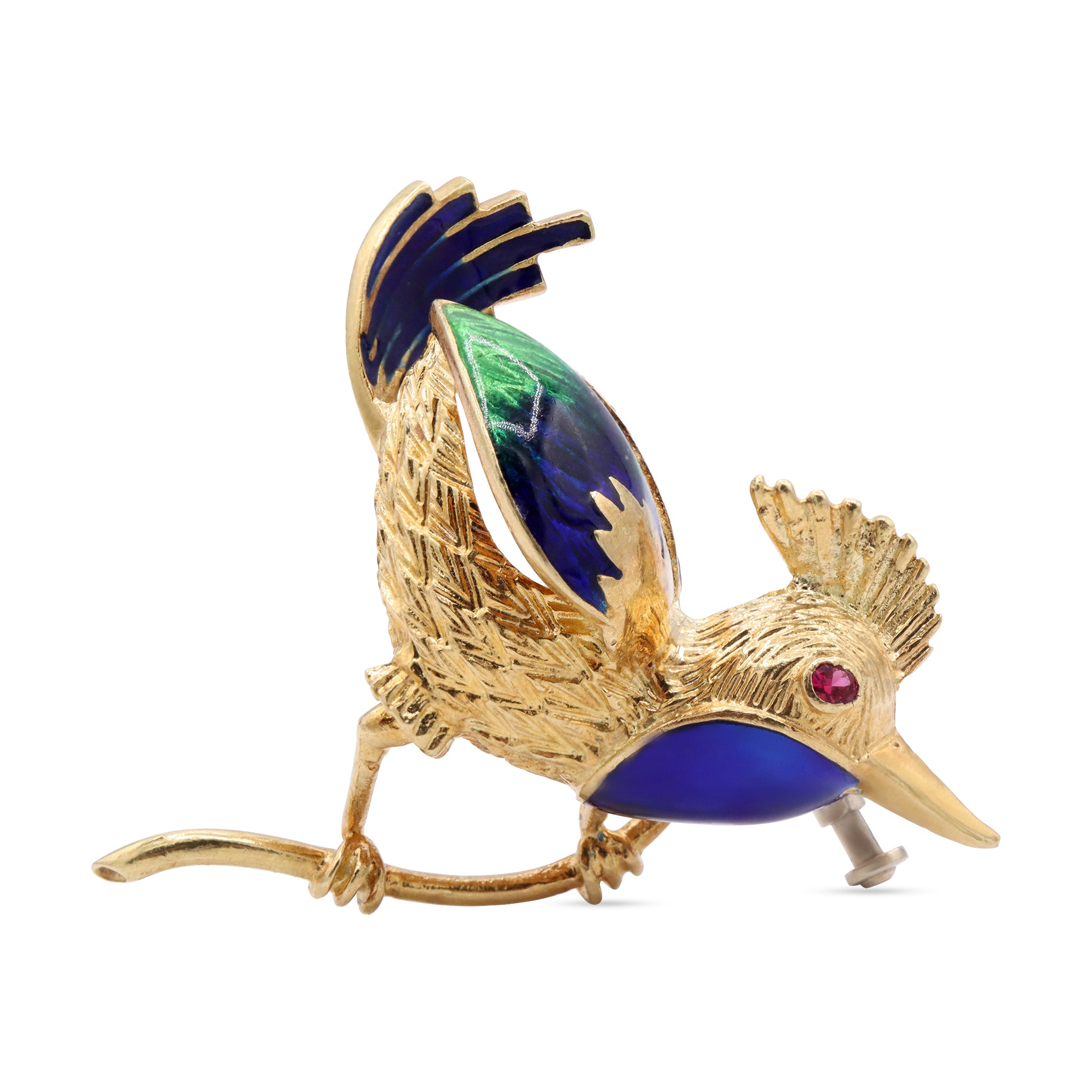 Gold Roadrunner Brooch with Enamel Accents and Ruby Eye