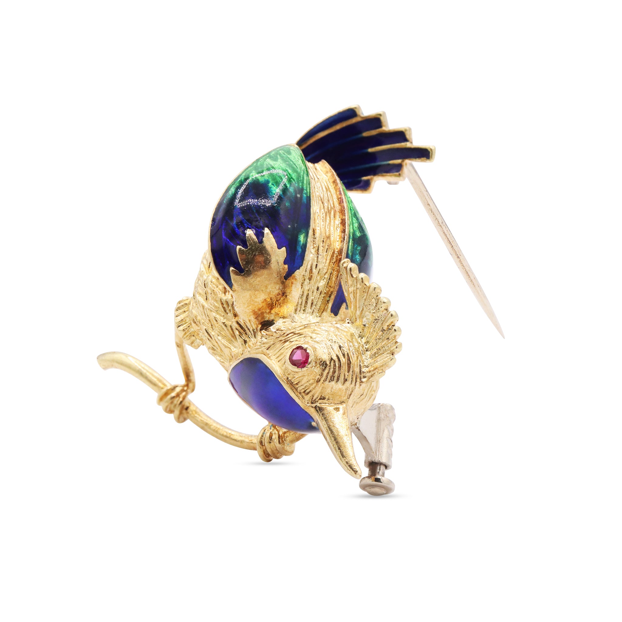 Gold Roadrunner Brooch with Enamel Accents and Ruby Eye