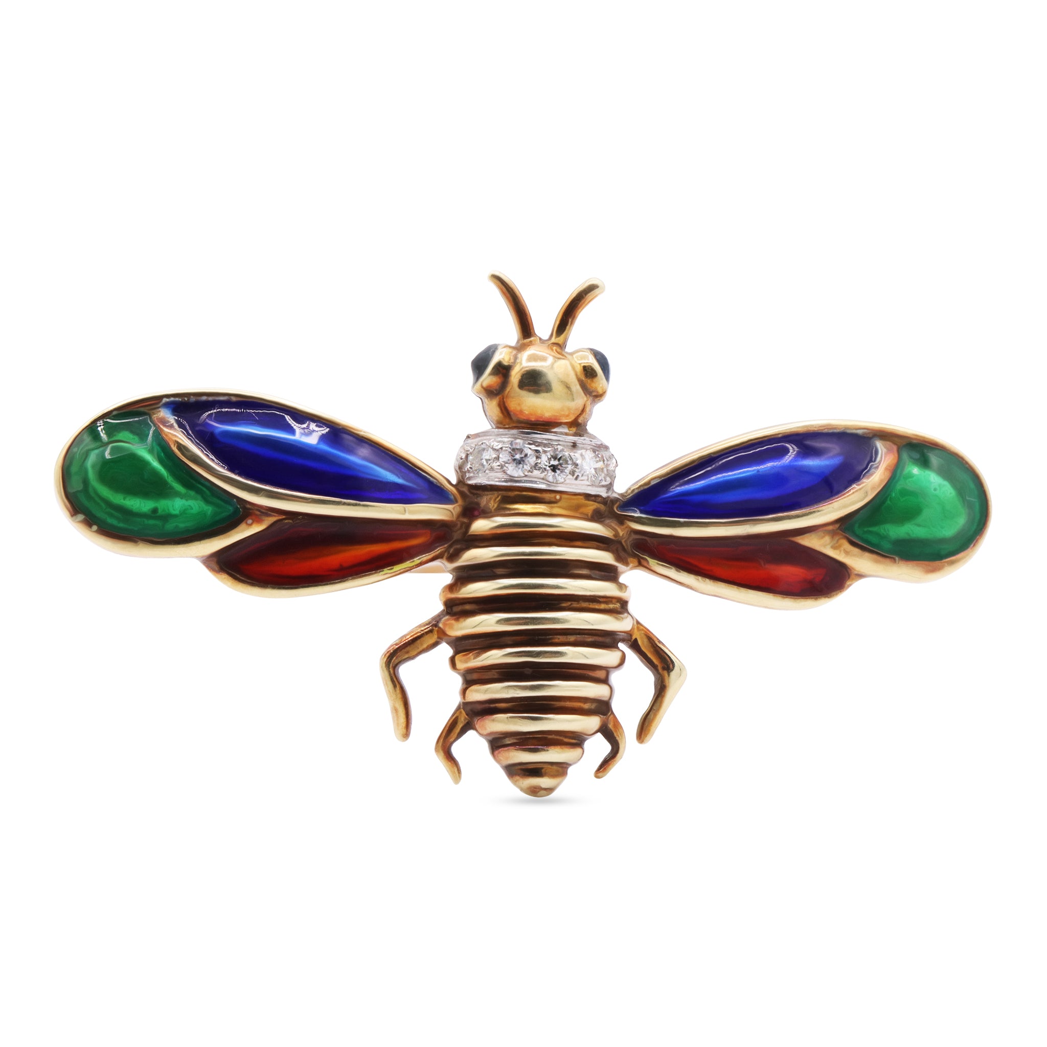 Multicolor Enamel Bee Brooch in 18K Gold with Diamond Collar