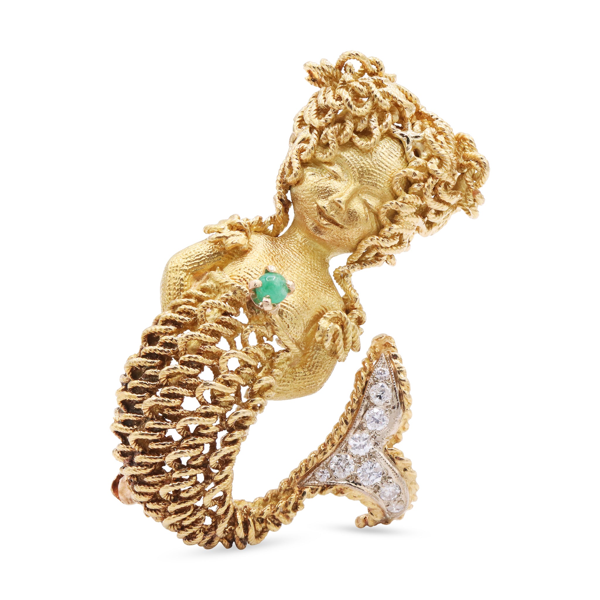Textured Gold Mermaid Pin Featuring Diamond Fins and Emerald Stone