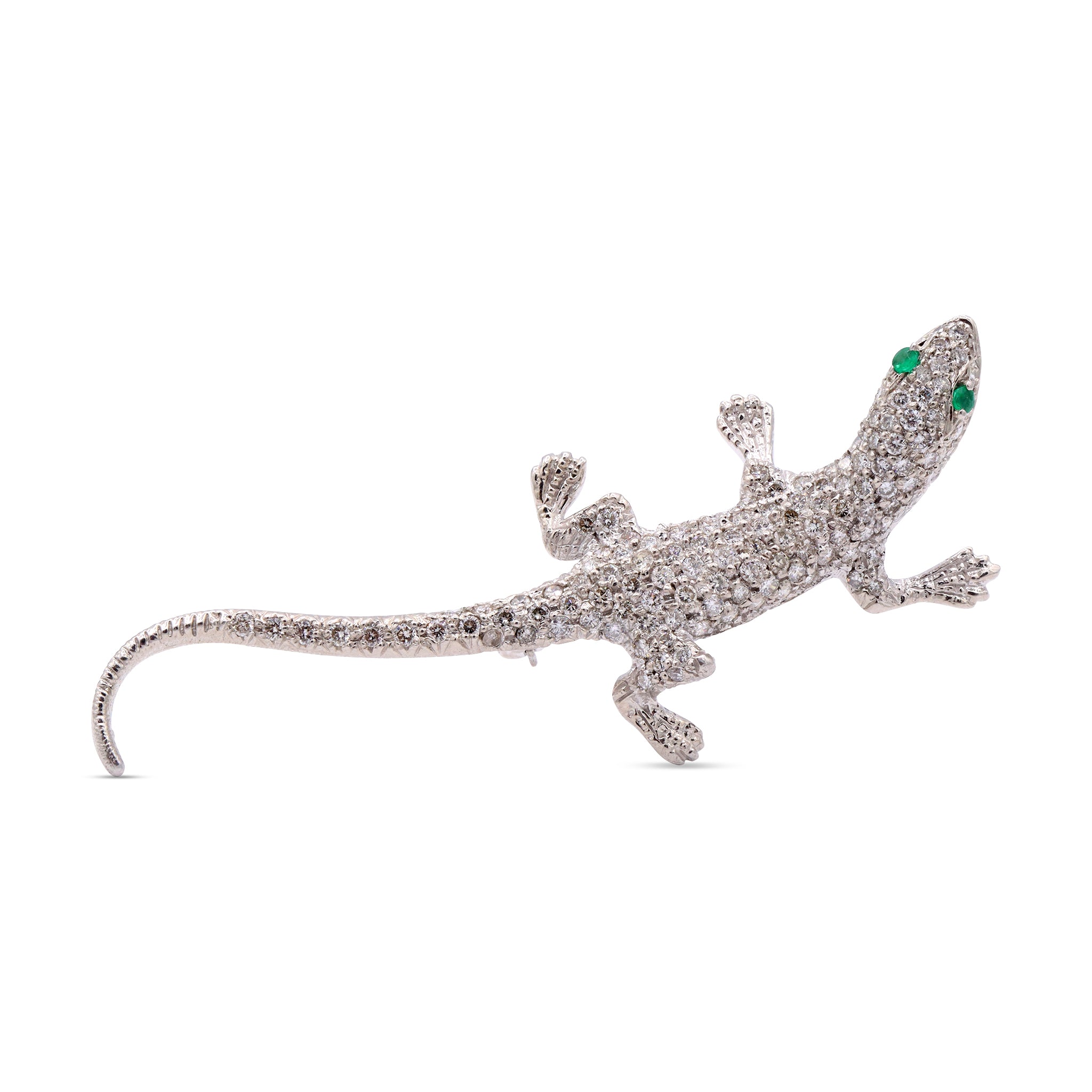 Diamond Lizard Brooch with Emerald Eyes in White Gold
