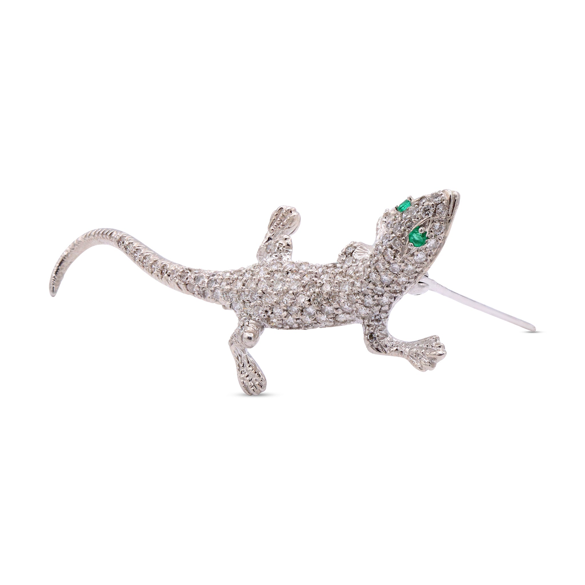 Diamond Lizard Brooch with Emerald Eyes in White Gold