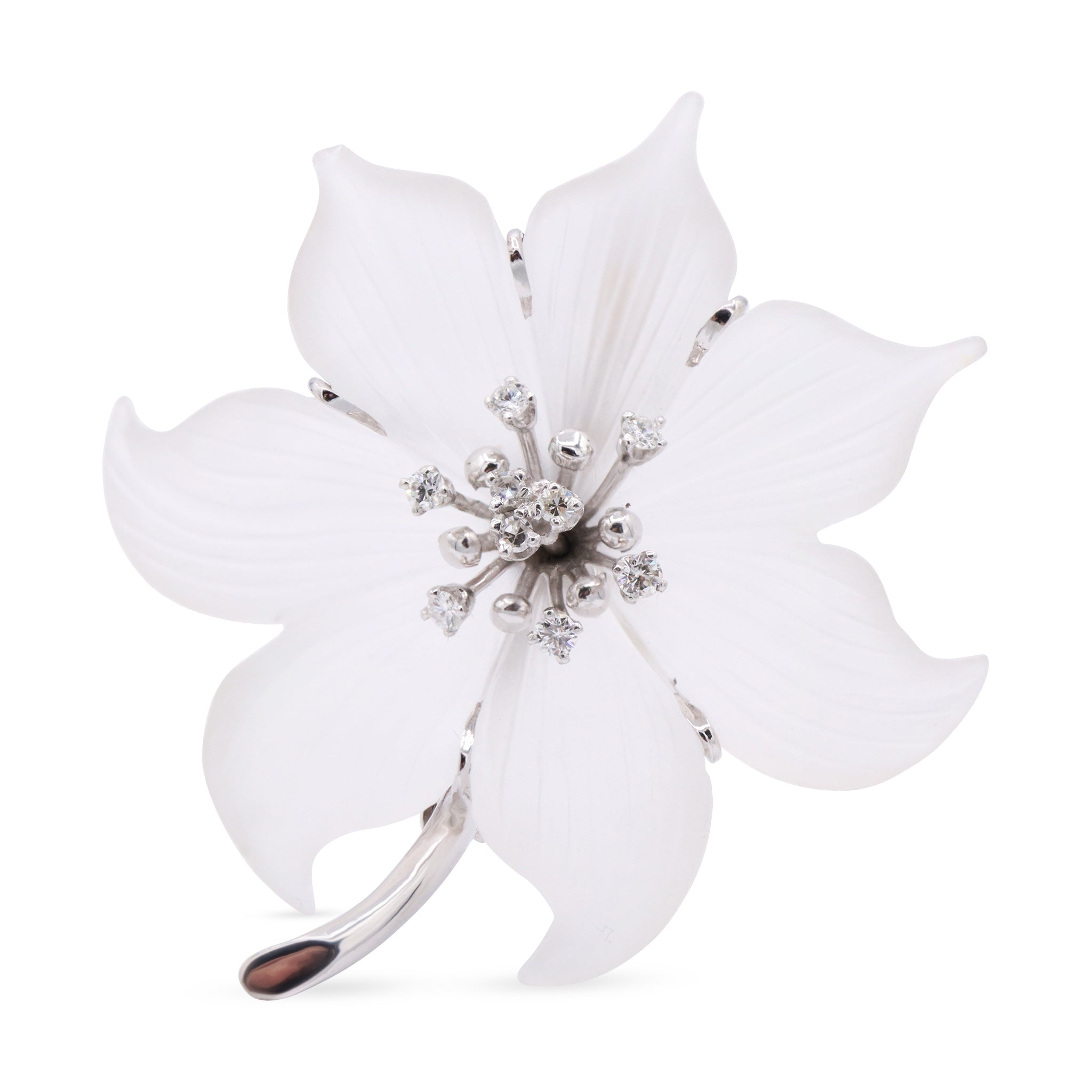 Sculpted White Flower Brooch with Diamond Clusters