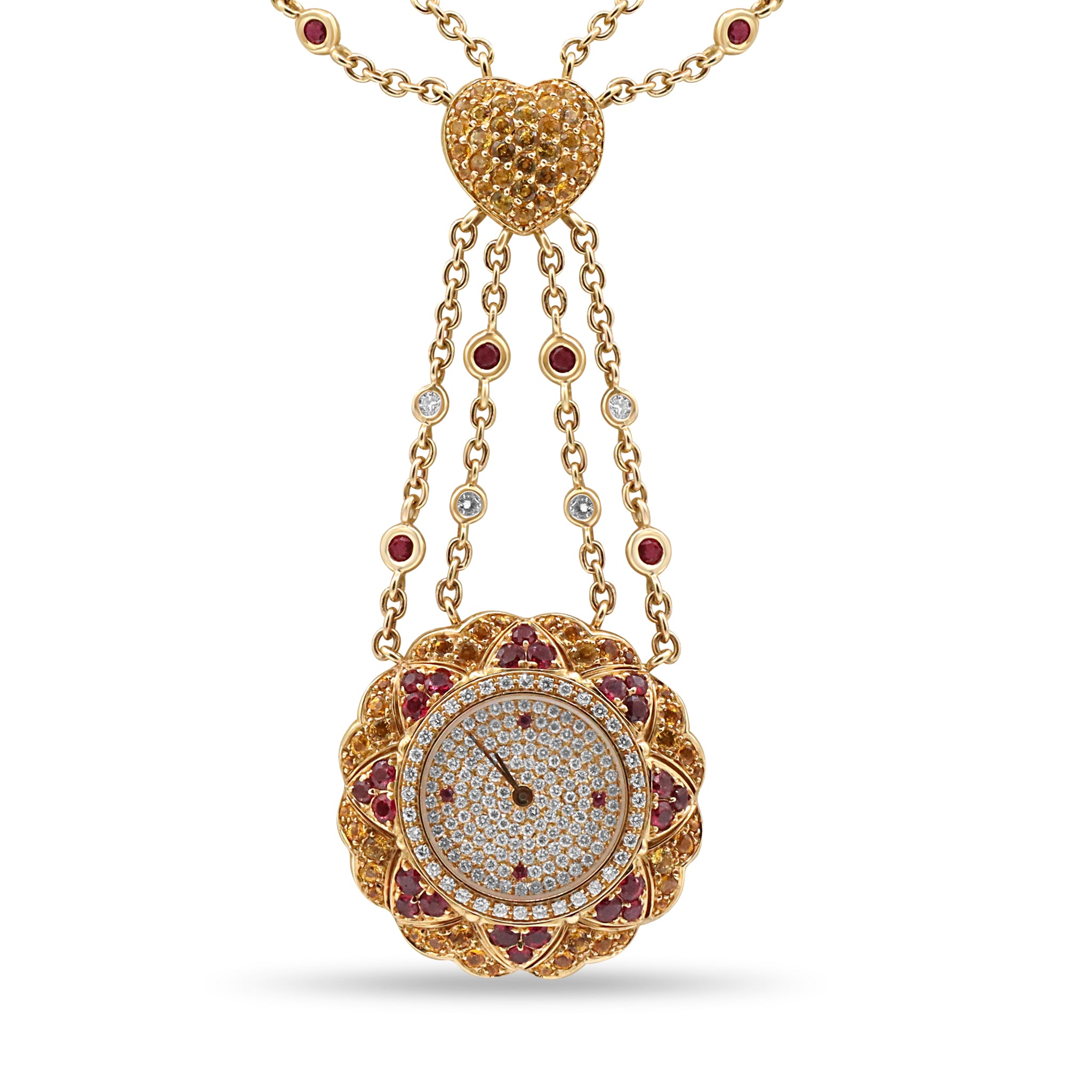 Heart Motif Ruby and Diamond Watch Necklace