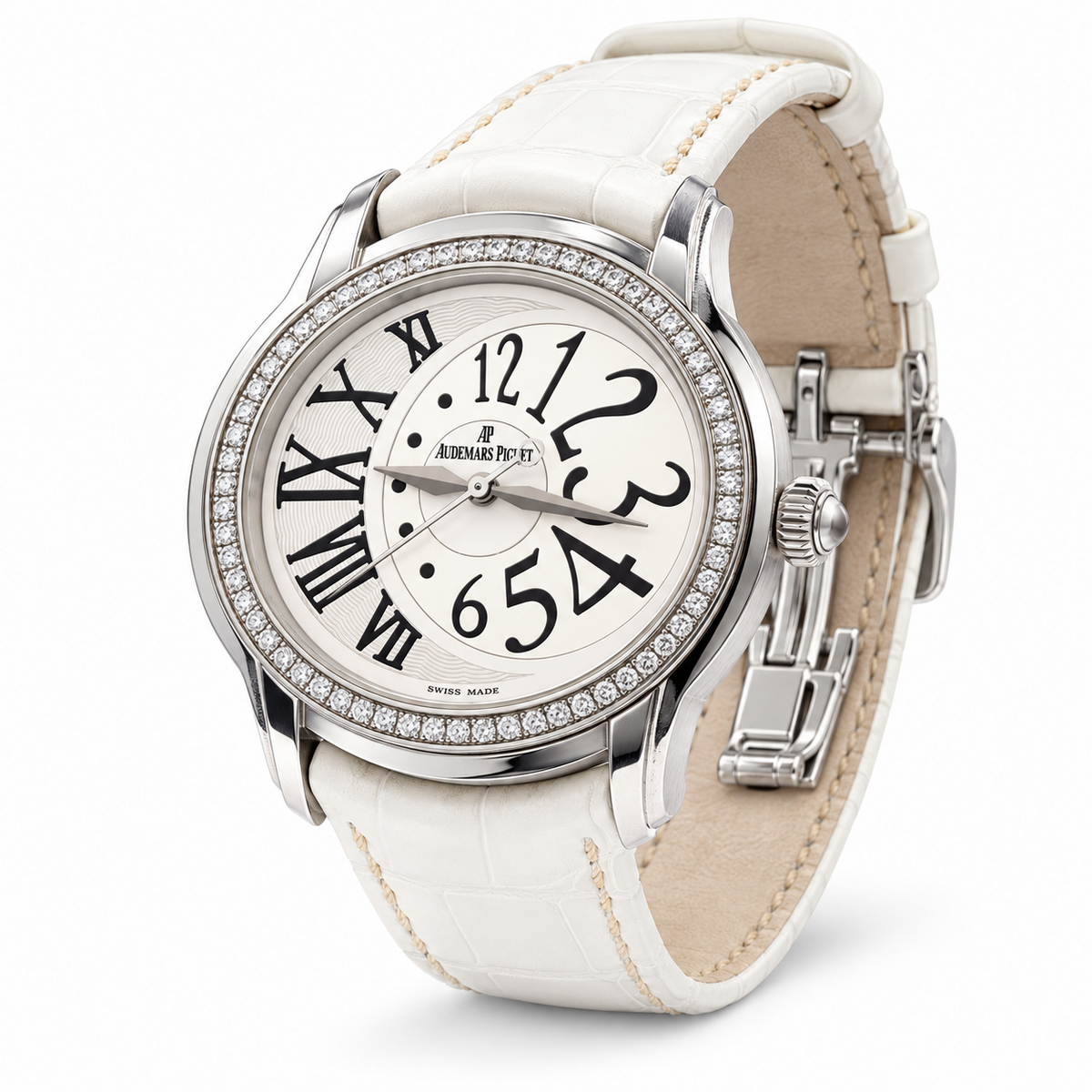 Audemars Piguet Millenary diamond bezel white dial watch angled view
