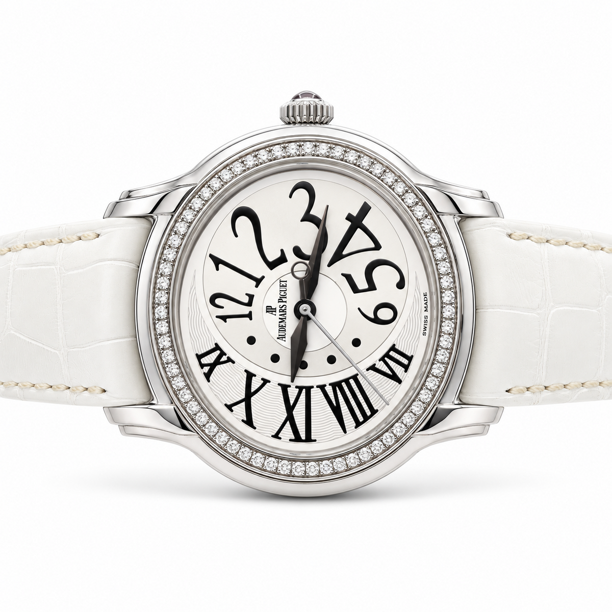 Audemars Piguet Millenary diamond bezel white dial watch horizontal view