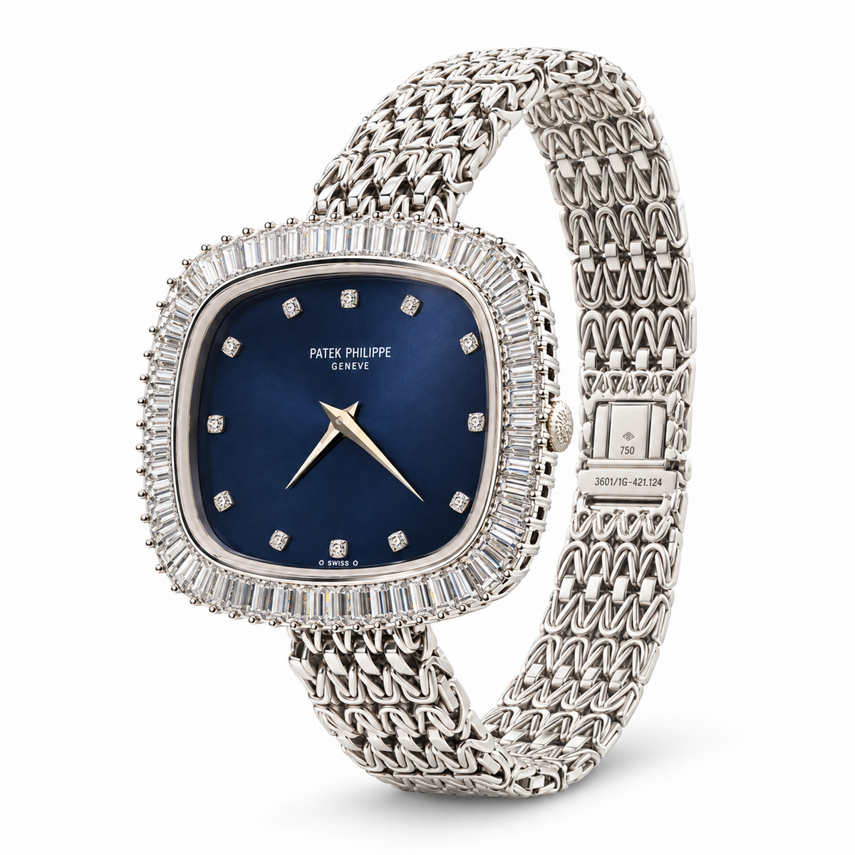 Patek Philippe Ref. 3601/1G blue dial diamond watch angled view