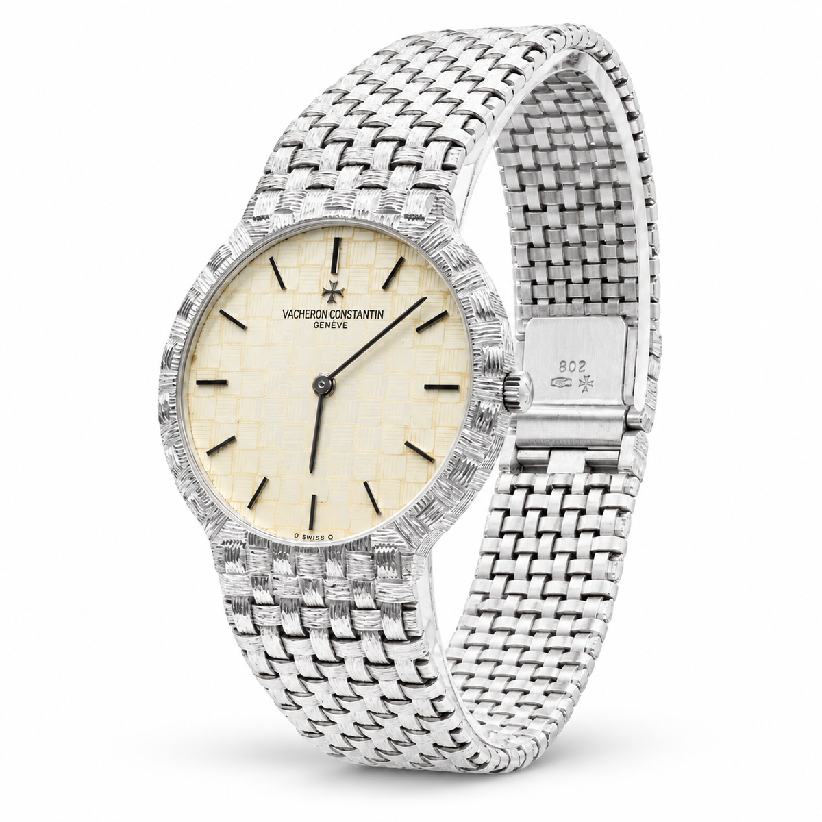 Vacheron Constantin 18K White Gold Basket-Weave Integrated Bracelet Watch angled view
