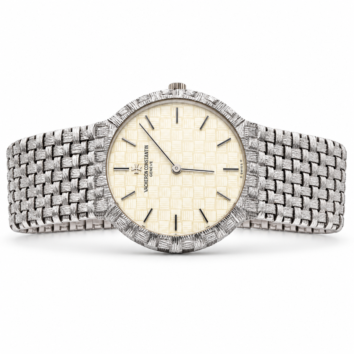 Vacheron Constantin 18K White Gold Basket-Weave Integrated Bracelet Watch horizontal dial view