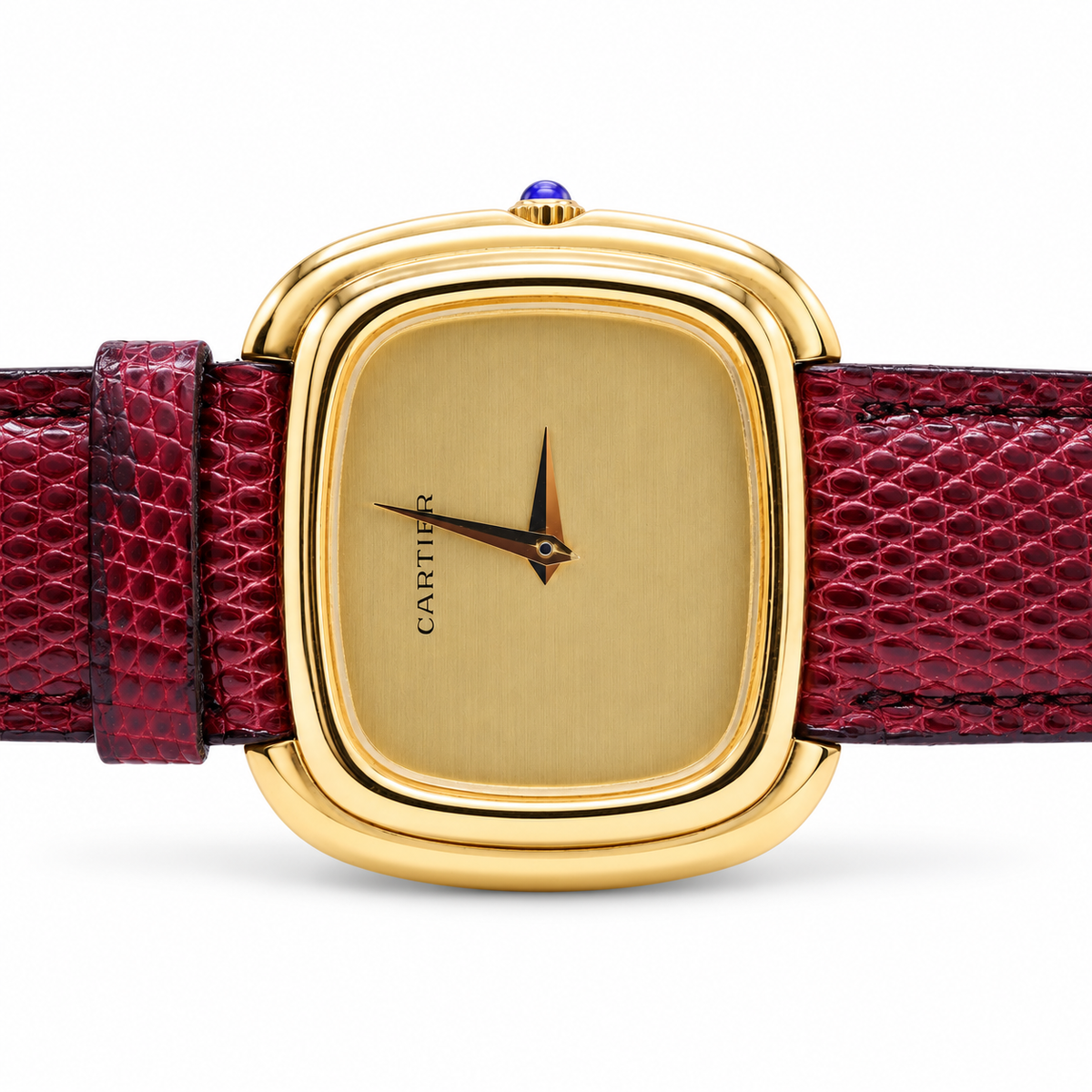 Vintage Cartier 18K Yellow Gold Stepped-Cushion Dress Watch dial close-up